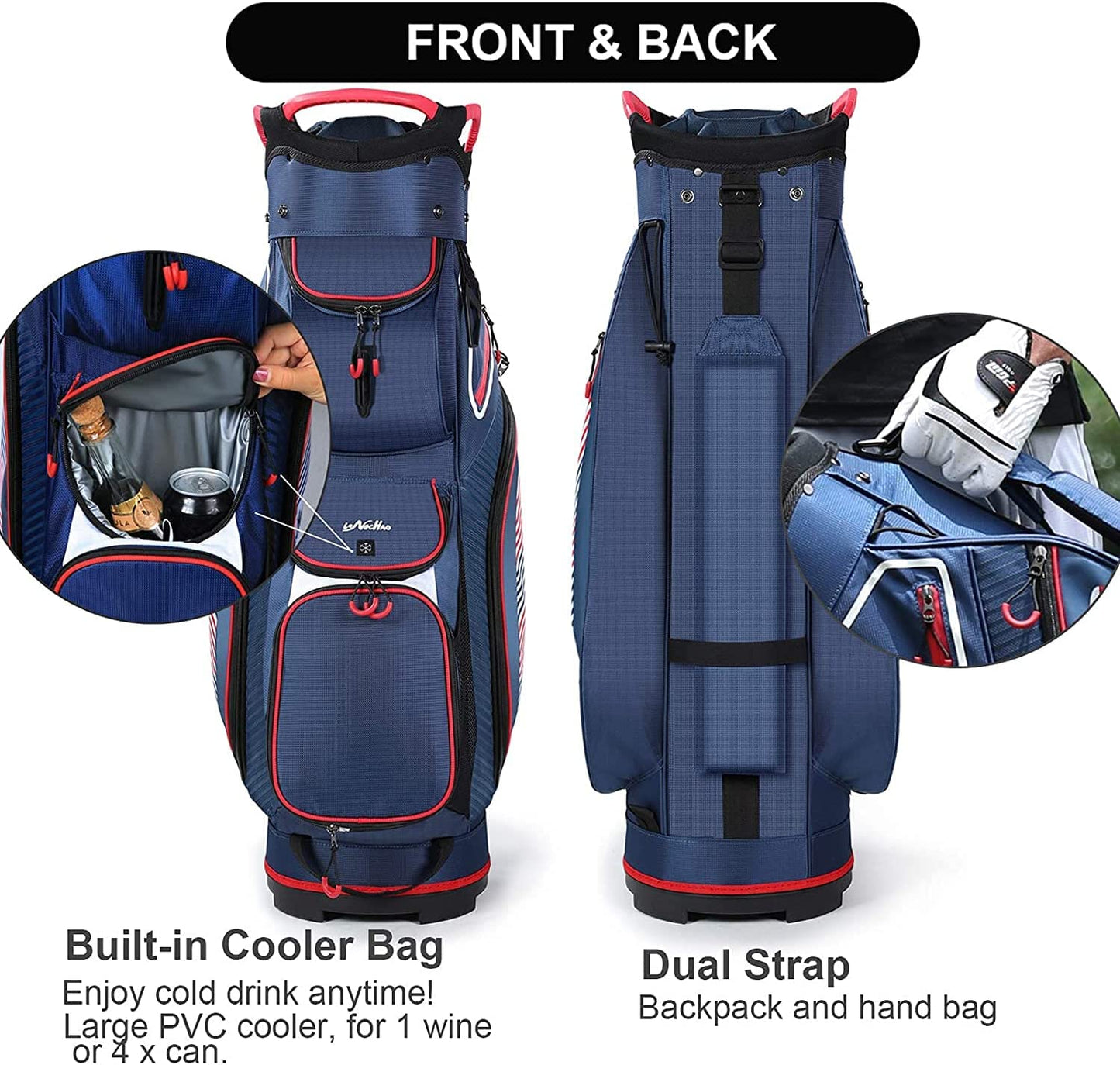 Cart Golf Bag 14 Way Divider Golf Push Cart Bag for Men Cart Bags with Cooler, Backpack Strap and Dust Cover, Portable Golf Carry Bag for Men & Women (Blue)