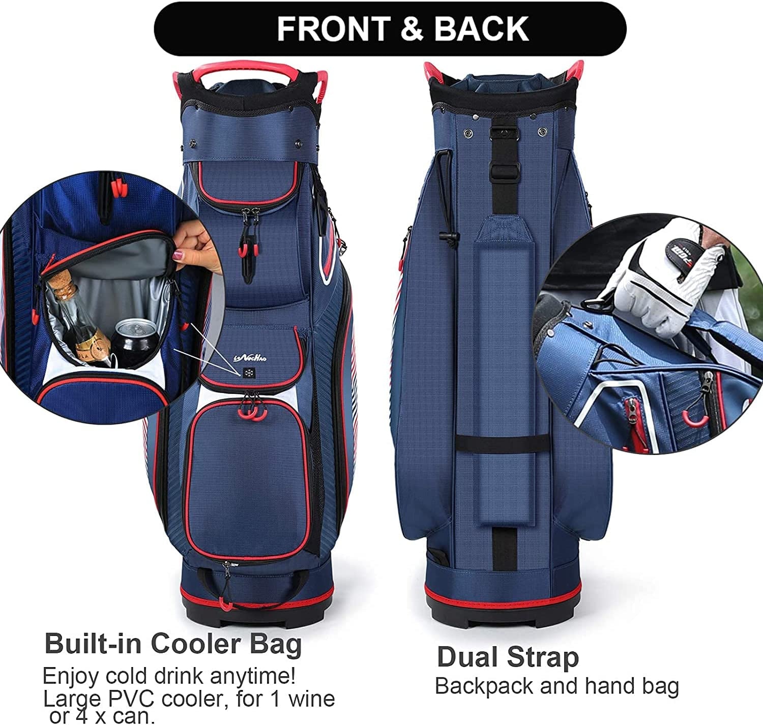 Cart Golf Bag 14 Way Divider Golf Push Cart Bag for Men Cart Bags with Cooler, Backpack Strap and Dust Cover, Portable Golf Carry Bag for Men & Women (Blue)