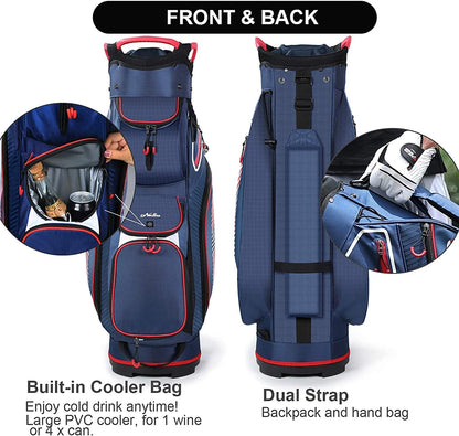 Cart Golf Bag 14 Way Divider Golf Push Cart Bag for Men Cart Bags with Cooler, Backpack Strap and Dust Cover, Portable Golf Carry Bag for Men & Women (Blue)