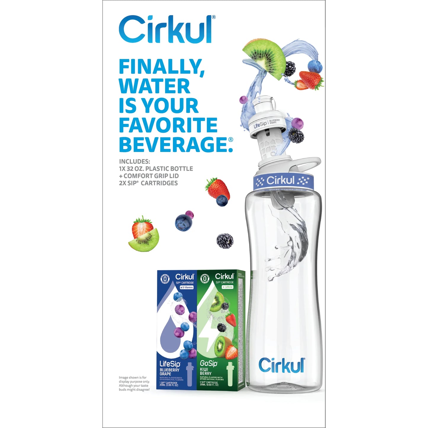 32Oz Plastic Starter Kit with Navy Blue Lid, 2 Flavor Cartridges (Blueberry Grape & Kiwi Berry)