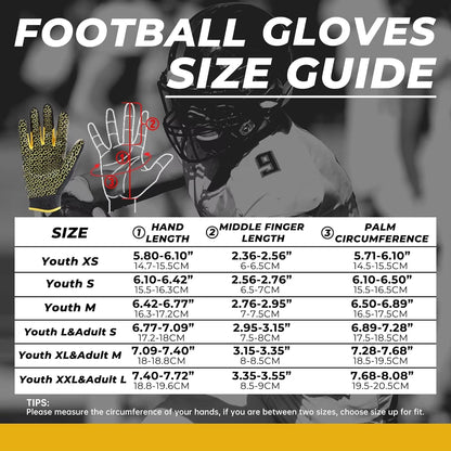 Youth American Football Gloves, Sticky Wide Receiver Gloves for Kids, Black and Gold Stretch Fit Rugby Gloves