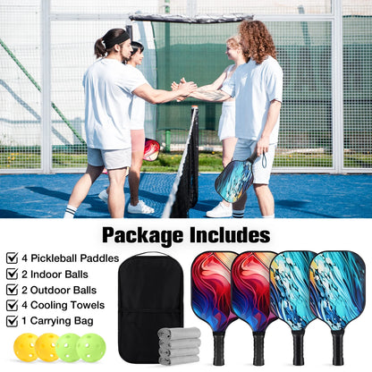 Pickleball Paddles Set of 4, with 4 Fiberglass Paddles, 4 Pickle-Ball , 4 Cooling Towel, 1 Pickleball Bag, PP Honeycomb Core Pickleball Equipment Is the Perfect Gift for Beginners & Amateurs