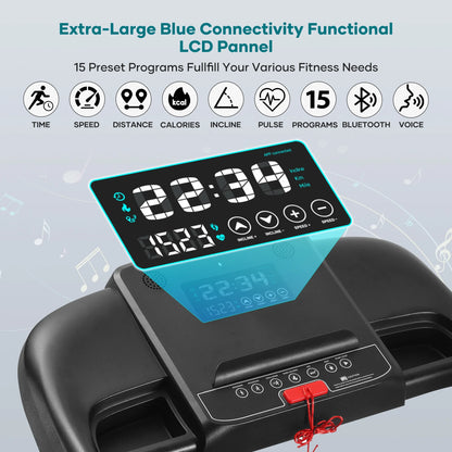 Naipotreadmill with Auto Incline Bluetooth Voice Control 17 in Wide Electric Treadmill Folding Machine 15 Level Auto 8.8 Mhp Speed for Home Use Gifts