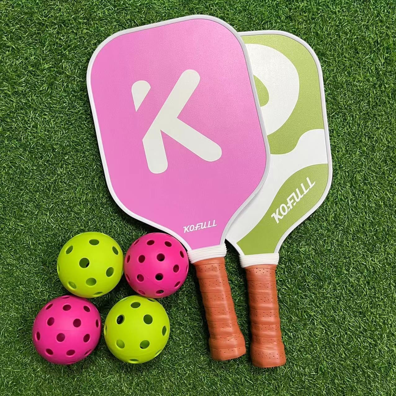 Pickleball Paddles Pickleball Rackets Set Lightweight Fiberglass Surface&Honeycomb Core Pickleball Set Pink and Green Gifts for Women Girls Beginners