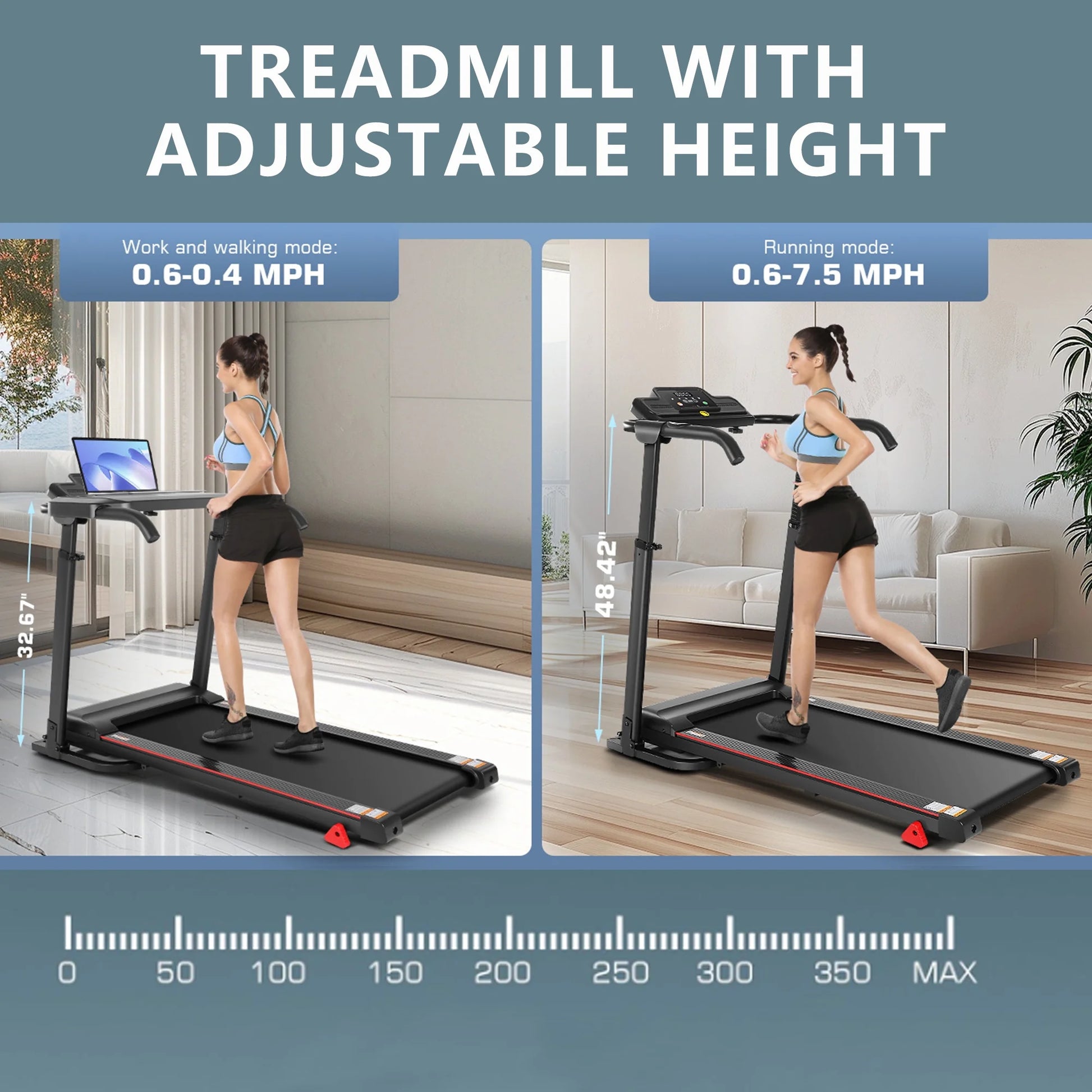 Treadmill with Removable Desk - 300Lbs Weight Capacity, 2.5 HP Portable Folding Treadmill for Home, Running Machine with Incline