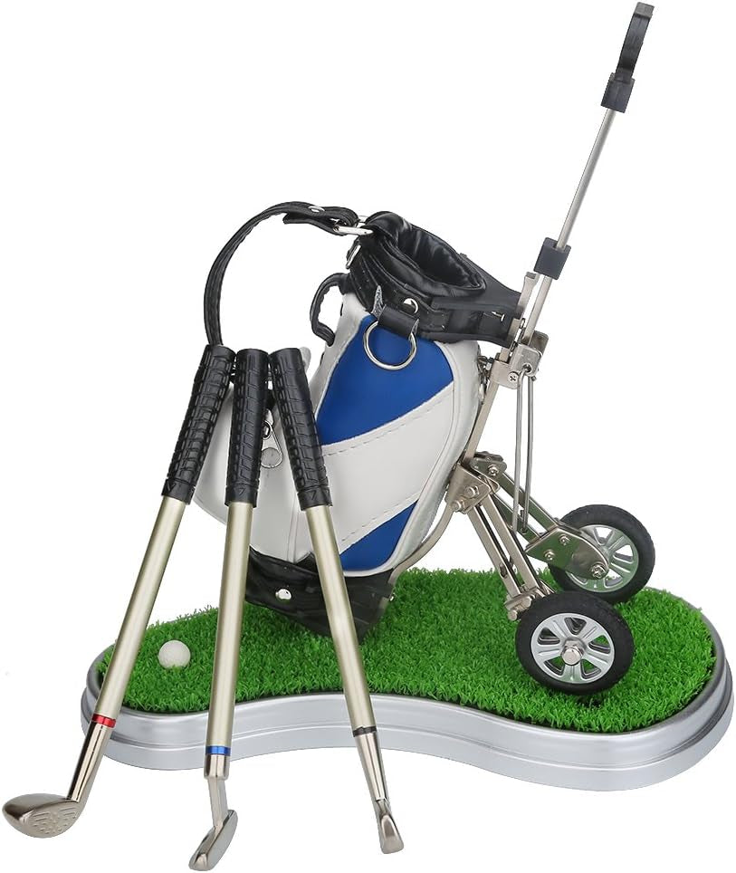 Golf Pen Holder 3 Club Pens & Movable Cart, Mini Golf Bag Desk Decor for Office, Funny Gifts for Men, Dad, Boss Stocking Stuffers for Golfers on Birthday, Christmas, Fathers Day (Blue)