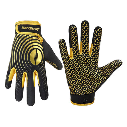Youth American Football Gloves, Sticky Wide Receiver Gloves for Kids, Black and Gold Stretch Fit Rugby Gloves