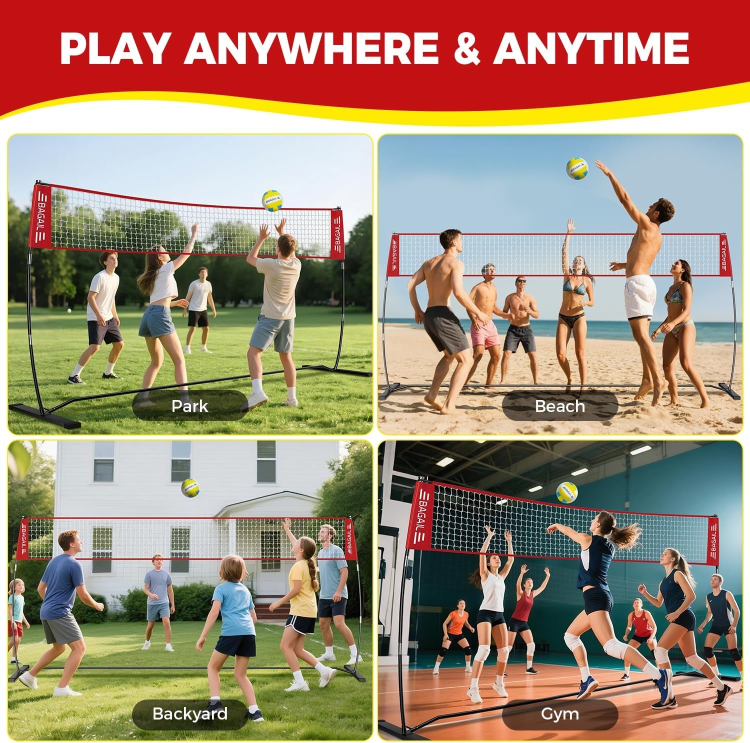 Volleyball Net, 12Ft/20Ft Portable Volleyball Net for Backyard - Adjustable Heig